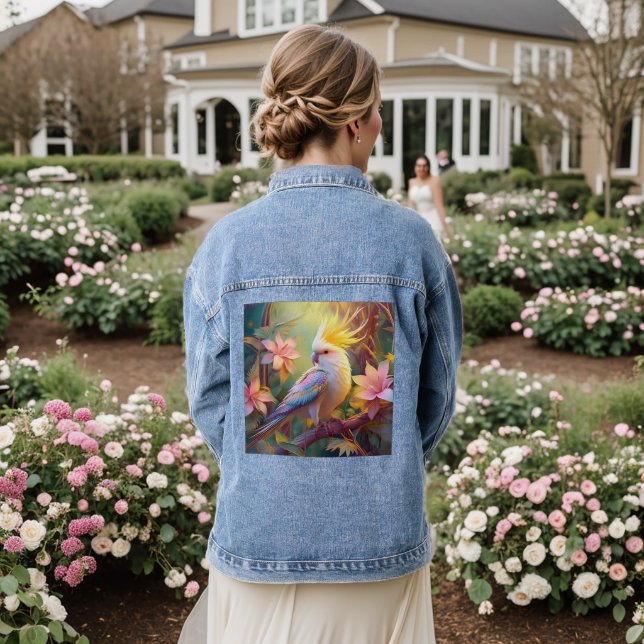 Iridescent Wing Cockatiel Fantasy Bird Denim Jacket (Wedding Back)