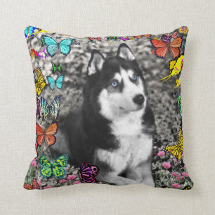 Irie the Siberian Husky in Butterflies Cushion