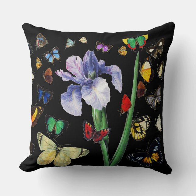 IRIS AMONG COLORFUL BUTTERFLIES Black Floral Cushion (Front)