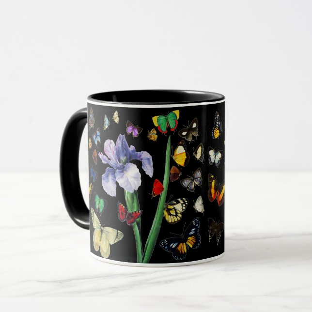 IRIS AMONG COLORFUL BUTTERFLIES Black Floral Mug (Front Left)