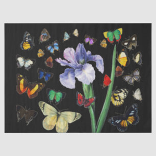 IRIS AMONG COLORFUL BUTTERFLIES Black Floral Tissue Paper