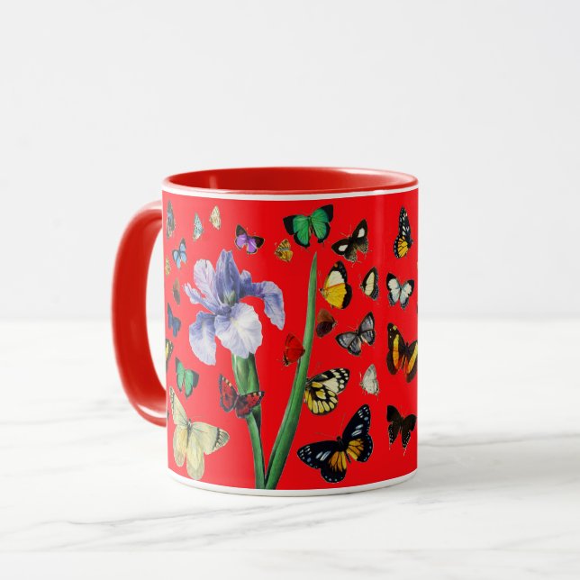 IRIS AMONG COLORFUL BUTTERFLIES Red Floral Mug (Front Left)