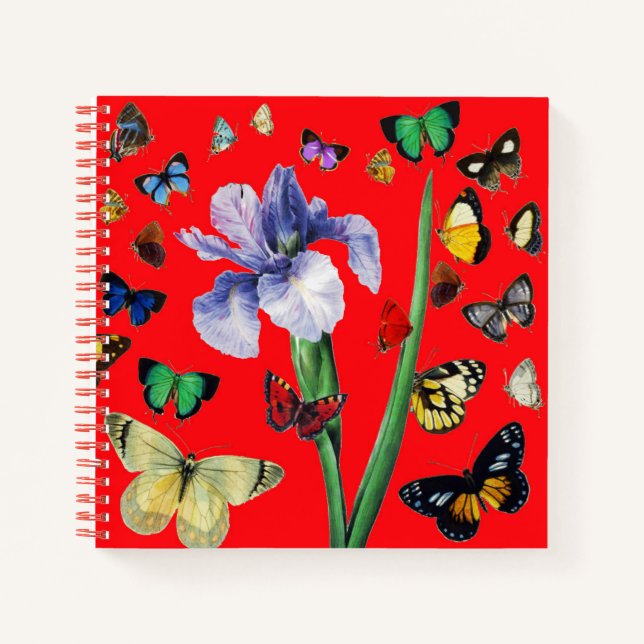 IRIS AMONG COLORFUL BUTTERFLIES Red Floral  Notebook (Front)