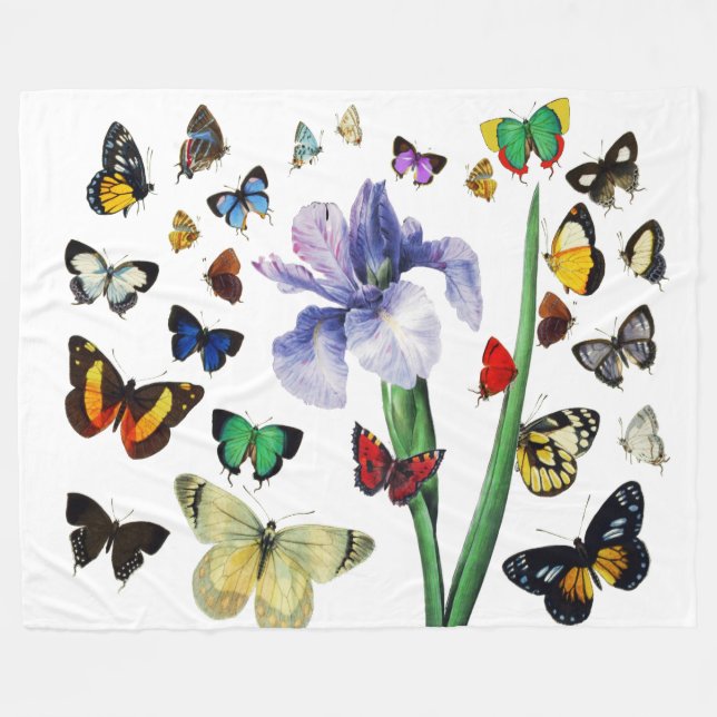 IRIS AMONG COLORFUL BUTTERFLIES White Floral Fleece Blanket (Front (Horizontal))