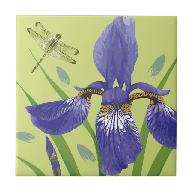 Iris and Dragonfly ceramic tile (Front)