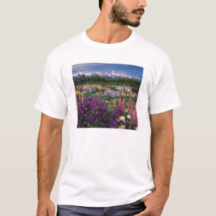 Iris and Lupine garden and Teton Range, T-Shirt