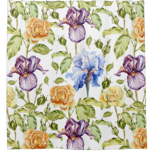 Iris and roses watercolor floral pattern shower curtain