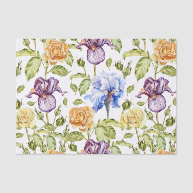 Iris and roses watercolor floral pattern tissue paper (Front)