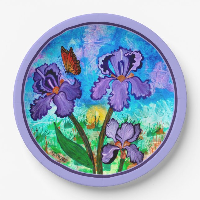 Iris at Sunrise (Lavender Trim) Paper Plates (Front)