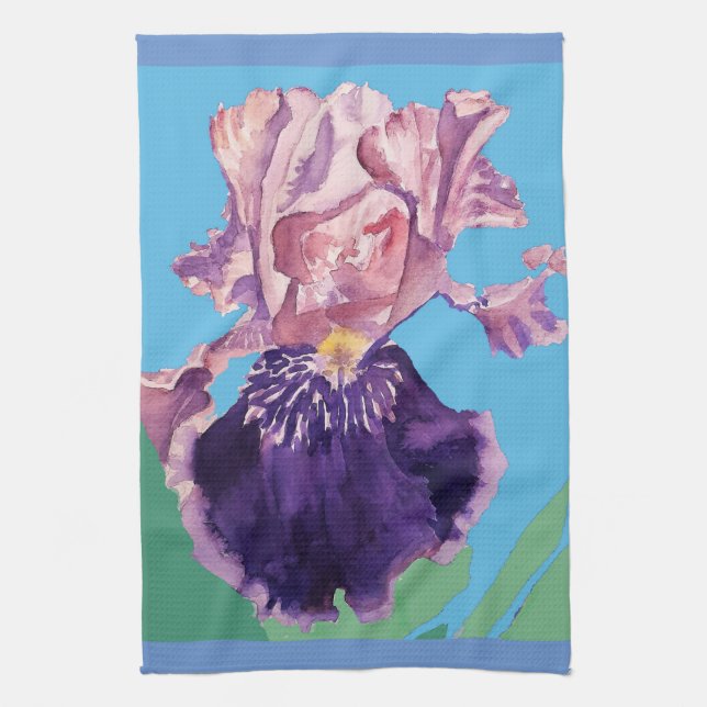 Iris Bearded Watercolour Painting Floral Flower Tea Towel (Vertical)