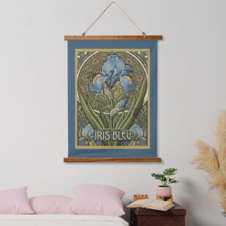 Iris Bleu French Style Art Nouveau Blue Irises Hanging Tapestry