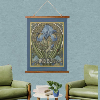 Iris Bleu French Style Art Nouveau Blue Irises Hanging Tapestry