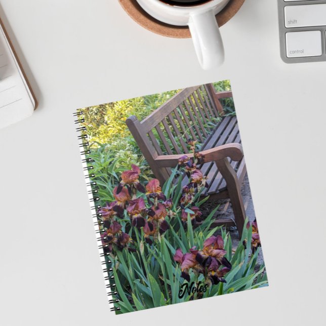 Iris Blooms and Garden Park Bench Floral Notebook (In Situ)