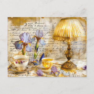 Iris Blooms with Teacup and Vintage Lamp shabby  Postcard