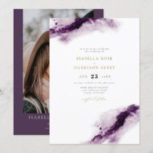 IRIS   Boho Plum Purple Gold Watercolor Wedding Invitation
