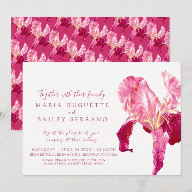 Iris botanical art red pink wedding invitations (Front/Back)