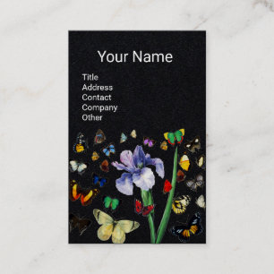 IRIS ,COLORFUL BUTTERFLIES Black Floral Monogram Business Card