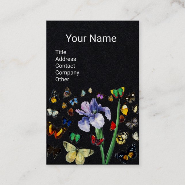 IRIS ,COLORFUL BUTTERFLIES Black Floral Monogram Business Card (Front)
