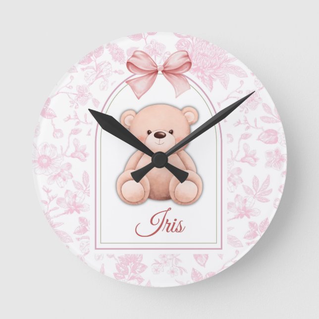 Iris | Custom Pink Teddy Bear Nursery Design  Round Clock (Front)