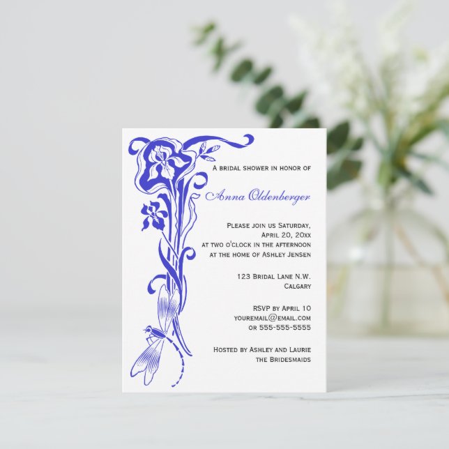 Iris & Dragonfly Royal Blue Bridal Shower Invitation (Standing Front)