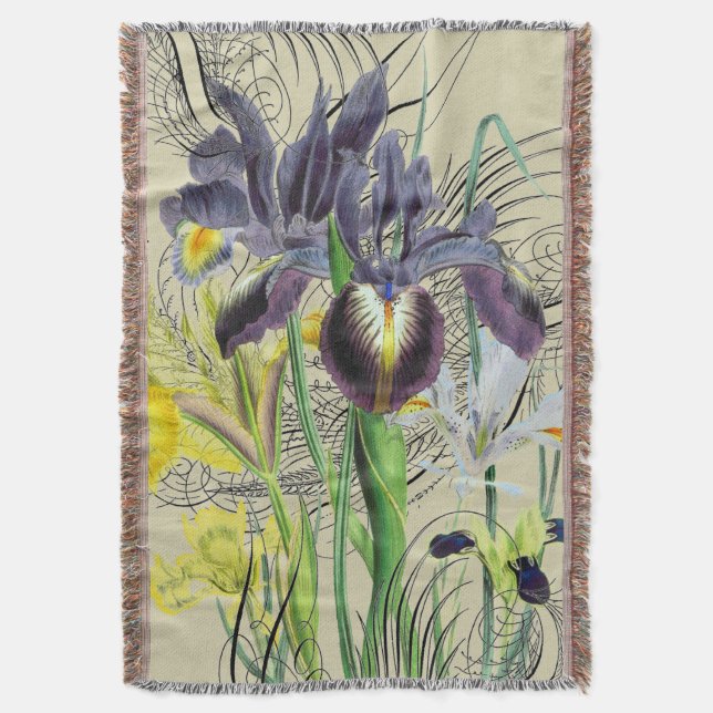 Iris Floral Fantasy 2.0 Neutral Throw Blanket (Front Vertical)