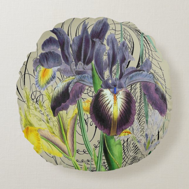 Iris Floral Fantasy 2.0 Round Neutral Round Cushion (Front)