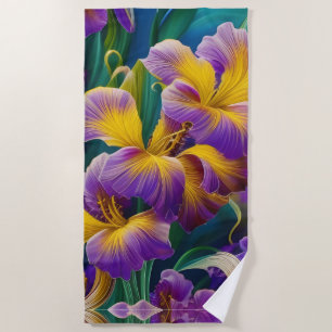 Iris Floral Purple and gold blue green leaves Beach Towel