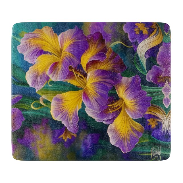Iris Floral Purple and gold blue green leaves Cutting Board (Front)