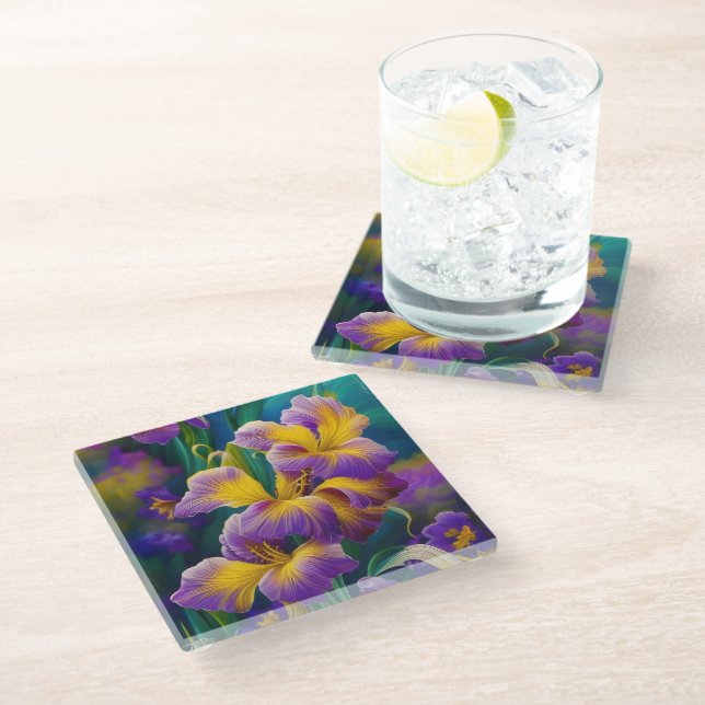 Iris Floral Purple and gold blue green leaves Glass Coaster (Angled)