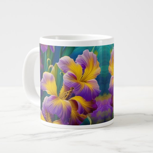 Iris Floral Purple and gold blue green leaves Large Coffee Mug (Front Left)