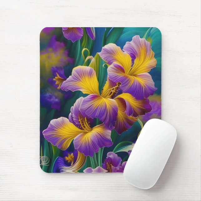 Iris Floral Purple and gold blue green leaves Mouse Mat (With Mouse)
