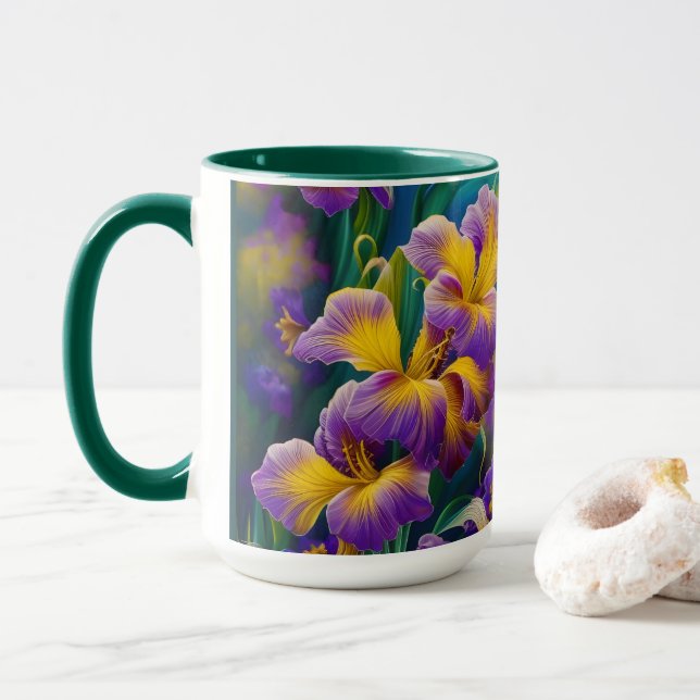 Iris Floral Purple and gold blue green leaves Mug (With Donut)