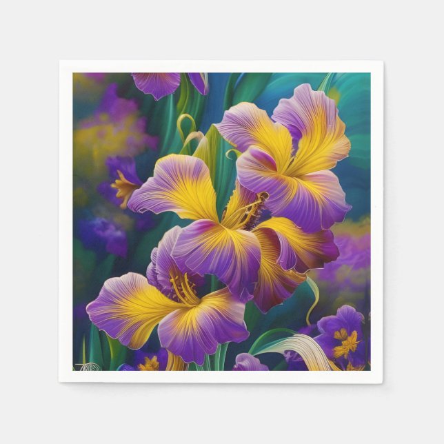 Iris Floral Purple and gold blue green leaves Napkin (Front)
