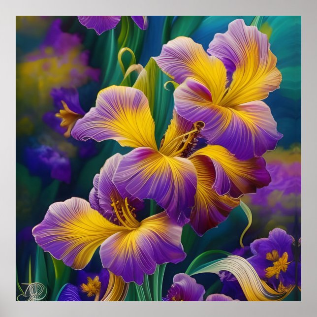 Iris Floral Purple and gold blue green leaves Poster (Front)