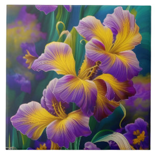 Iris Floral Purple and gold blue green leaves Tile