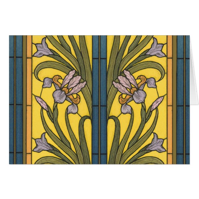 Iris Flower Art Nouveau Stained Glass Blue Gold (Front Horizontal)