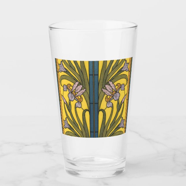 Iris Flower Art Nouveau Stained Glass Blue Gold (Front)