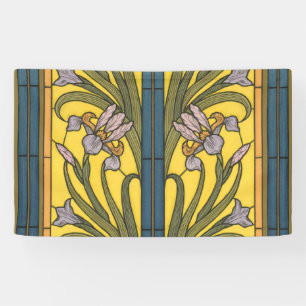 Iris Flower Art Nouveau Stained Glass Blue Gold Banner