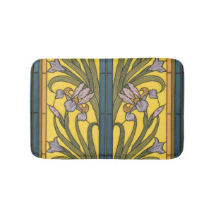 Iris Flower Art Nouveau Stained Glass Blue Gold Bath Mat