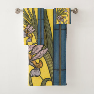 Iris Flower Art Nouveau Stained Glass Blue Gold Bath Towel Set