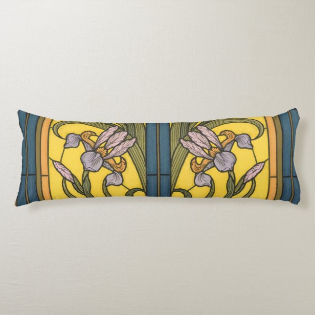 Iris Flower Art Nouveau Stained Glass Blue Gold Body Cushion (Front)