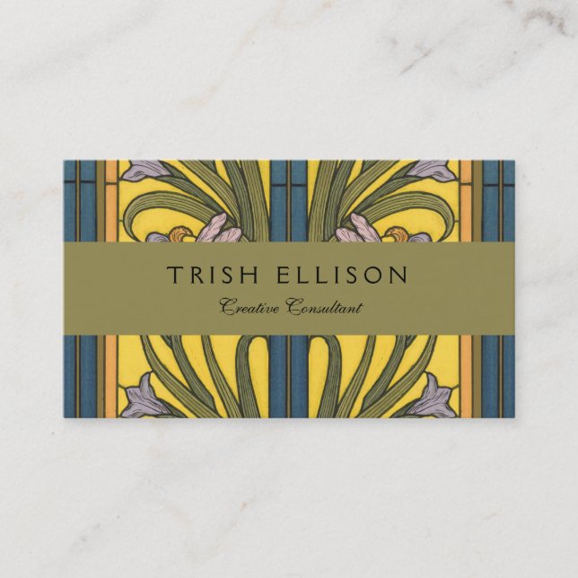Iris Flower Art Nouveau Stained Glass Blue Gold Business Card (Front)
