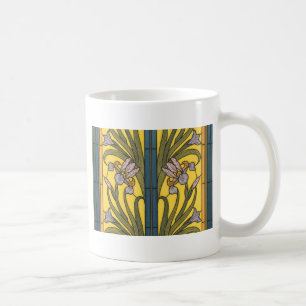 Iris Flower Art Nouveau Stained Glass Blue Gold Coffee Mug