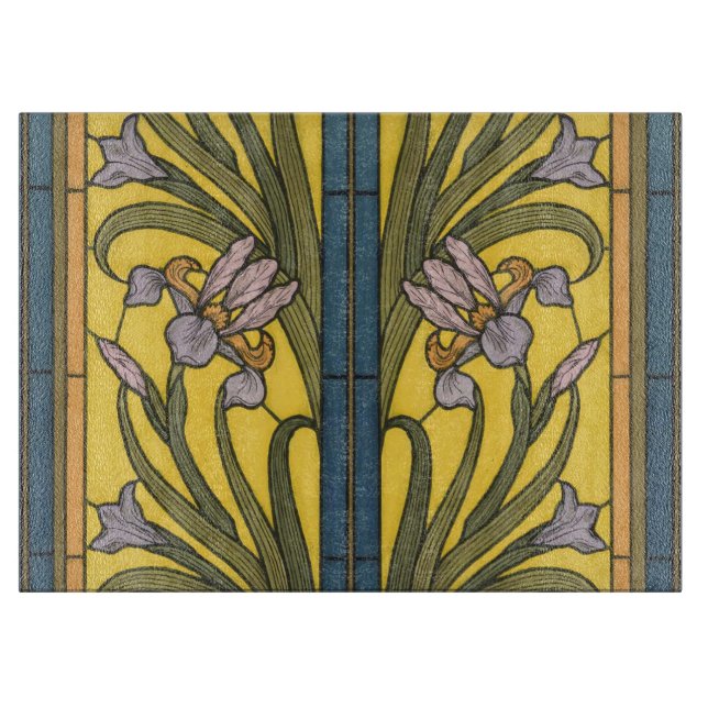 Iris Flower Art Nouveau Stained Glass Blue Gold Cutting Board (Front)