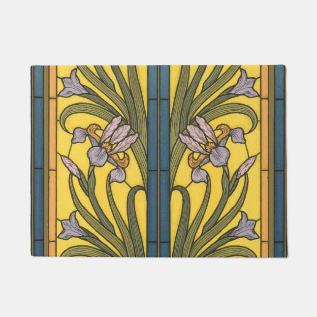 Iris Flower Art Nouveau Stained Glass Blue Gold Doormat (Front)