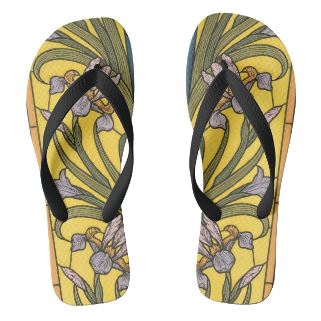 Iris Flower Art Nouveau Stained Glass Blue Gold Flip Flops (Footbed)