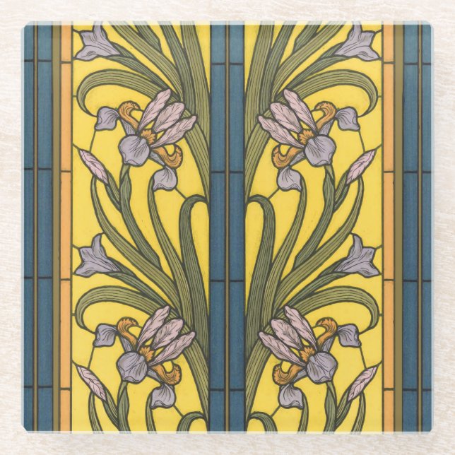 Iris Flower Art Nouveau Stained Glass Blue Gold Glass Coaster (Front)