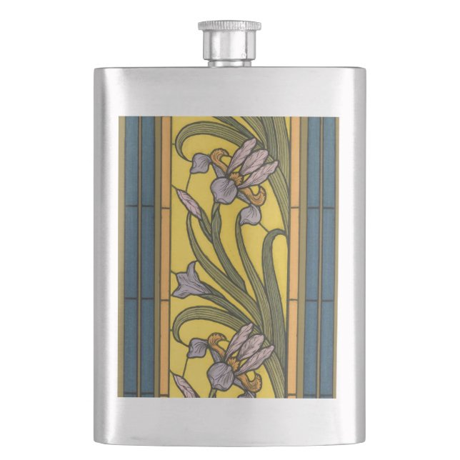 Iris Flower Art Nouveau Stained Glass Blue Gold Hip Flask (Front)
