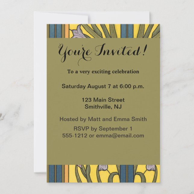 Iris Flower Art Nouveau Stained Glass Blue Gold Invitation (Front)