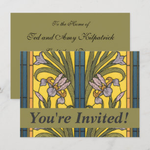 Iris Flower Art Nouveau Stained Glass Blue Gold Invitation